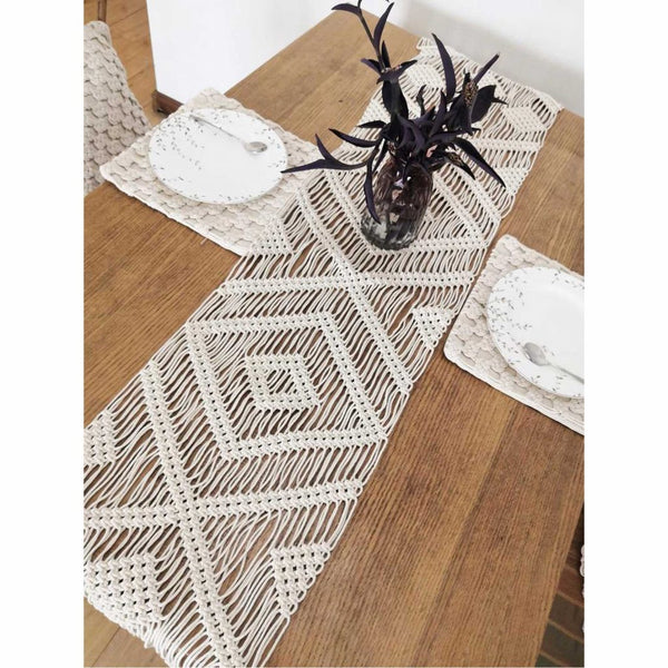 Macrame Boho Decor Table Runner – Handmade Cotton Off-White Decorative Runner for Dining & Console Tables