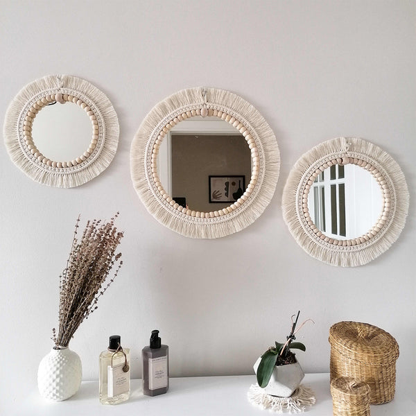 Trenly Boho Macrame Wall Mirror Set - Handmade Decorative Wood Beads