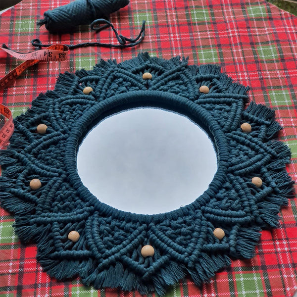 Trenly Boho Macrame Wall Mirror - Handwoven Dark Blue Accent