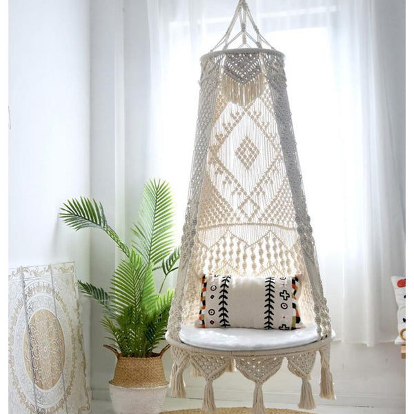 Trenly Handcrafted Macrame Balcony Swing for Adults & Kids – Off White | Organic Cotton | Indoor & Outdoor Hammock Chair