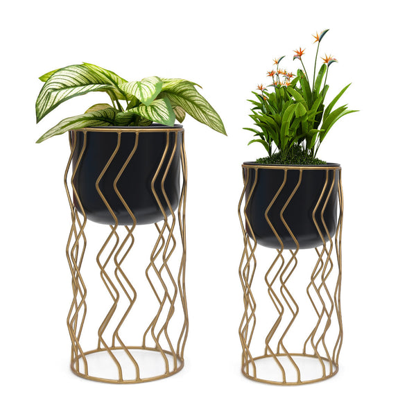 Gold Metal Planters with Stand – Set of 2 Elegant Floor Standing Indoor Plant Holders for Home & Office Décor