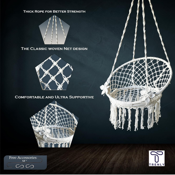 Elegant Off-White Cotton Macramé Swing Chair with Flower Handles | Spacious, Rust-Free Hanging Jhula for Adults & Kids | Indoor & Outdoor Use
