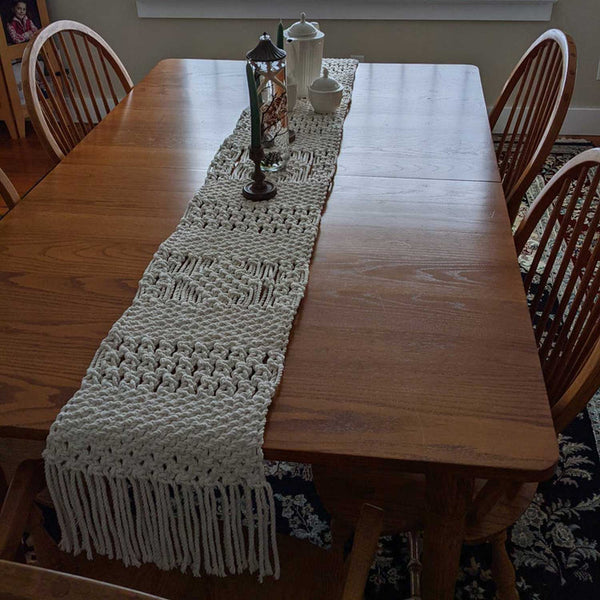 Macrame Knotted Cotton Dining Table Runner – Handmade Off-White Boho Table Décor for Dining, Console & Coffee Tables