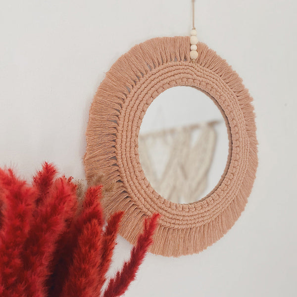 Handcrafted Macrame Wall Mirror - Peach Bohemian Decor