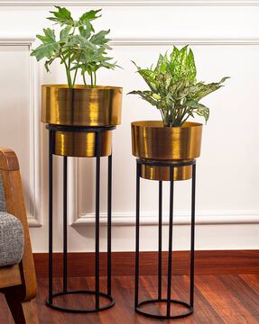 Copper Finish Metal Planters with Stands – Set of 2 Elegant Indoor/Outdoor Plant Holders for Home & Office Décor