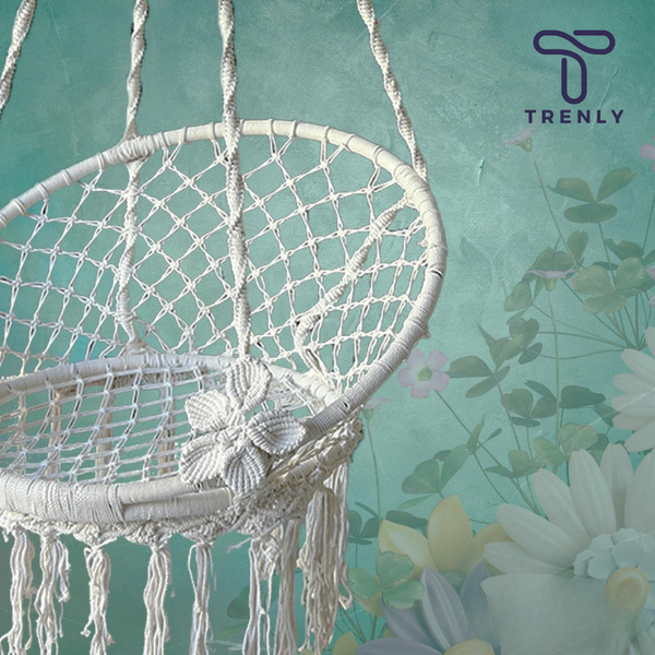 Elegant Off-White Cotton Macramé Swing Chair with Flower Handles | Spacious, Rust-Free Hanging Jhula for Adults & Kids | Indoor & Outdoor Use