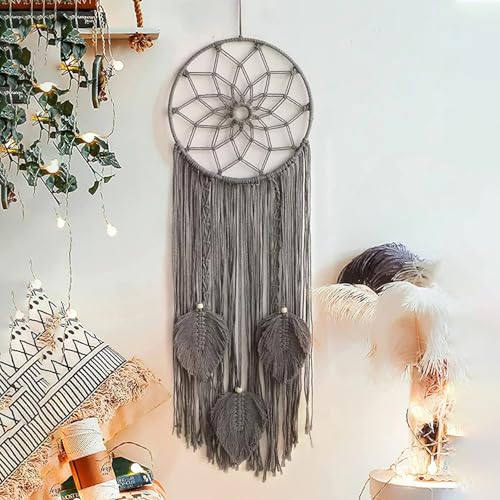 KAAHIRA Boho Wall Decor Art Macrame Dream Catcher with Leafs for Gifting - Unique & Sustainable (Off-White)