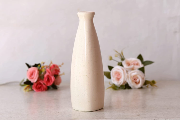 Bliss Hohm Bottle Shape Ceramic Flower Vase (8.5 Inches) for Home Decor and Gifting, Flower Vases for Living Room Decor, Pampas Grass Vase, Decorative Small Bottle Vase (Bottle Off-White)