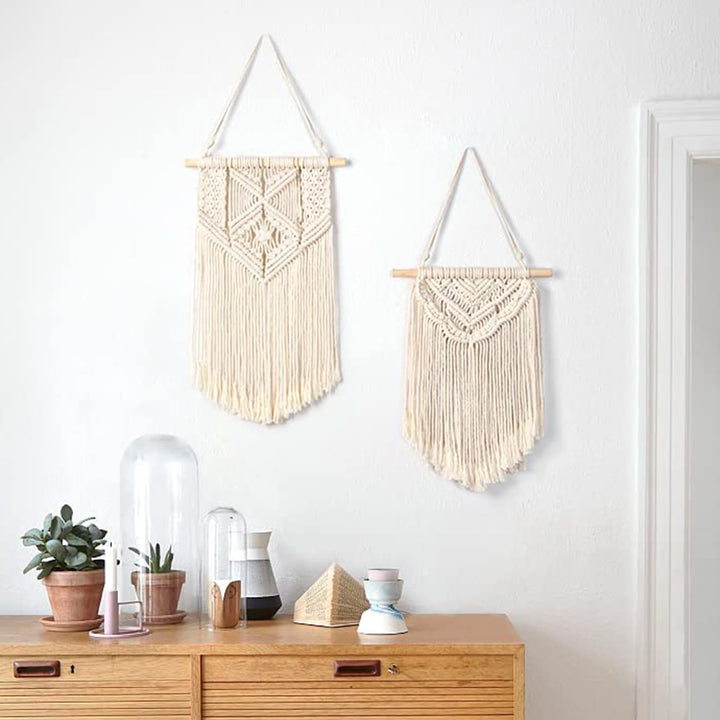Kaahira 2 Pcs Macrame Wall Hanging Boho Wall Decor Home Chic Decoration Wall Pediments for Bedroom Living Room Office, Girls Gift, Small Size 13" L x 10" W and 16" L x 10" W