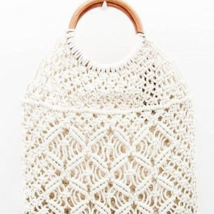 Macrame Handbag with Wood Handle Macrame Shopping Bag, Wood Handle, Beach Bag, Reusable Shopping Bag
