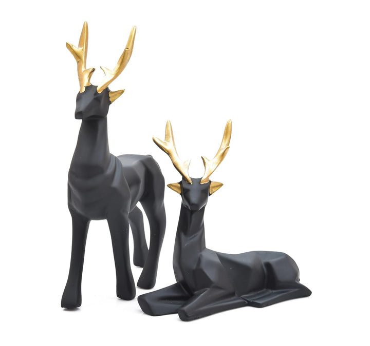 ASMR Craft Handpainted Export Quality Casted Resin 8 Inches Black Deer Showpiece for Home Decoration II Hiran Tabletop Statue - Set of 2