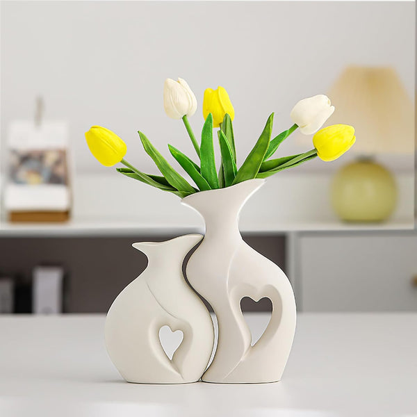 Bsearty Ceramic vase Set of 2, Heart Shaped Hollow Vases for Decor, Ceramic Vases for Home Decor, Modern Farmhouse Decor Accents for Living Room(White Love)