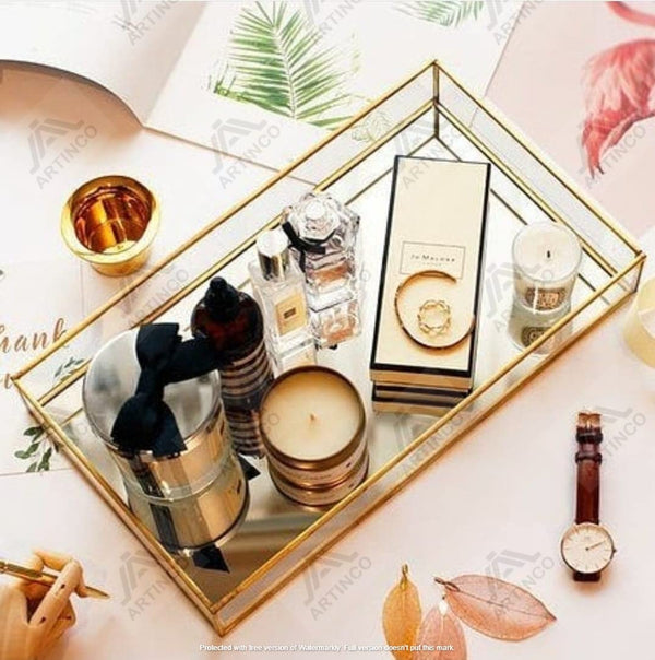 ARTINCO Art India Collections Brass Glass Multiutility Purpose Rectangular Tray (12x8x2 inches)