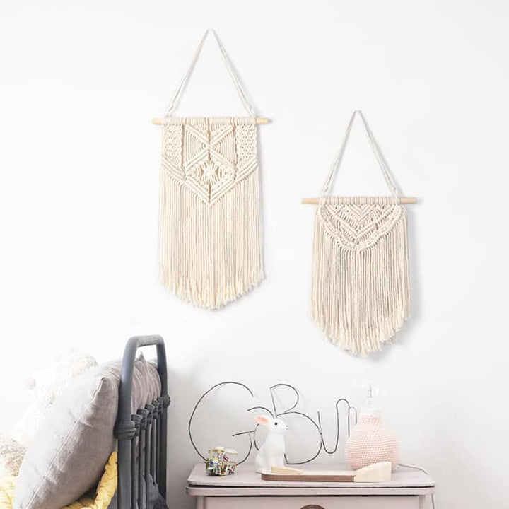 Kaahira 2 Pcs Macrame Wall Hanging Boho Wall Decor Home Chic Decoration Wall Pediments for Bedroom Living Room Office, Girls Gift, Small Size 13" L x 10" W and 16" L x 10" W