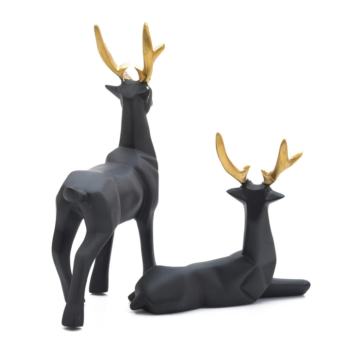 ASMR Craft Handpainted Export Quality Casted Resin 8 Inches Black Deer Showpiece for Home Decoration II Hiran Tabletop Statue - Set of 2