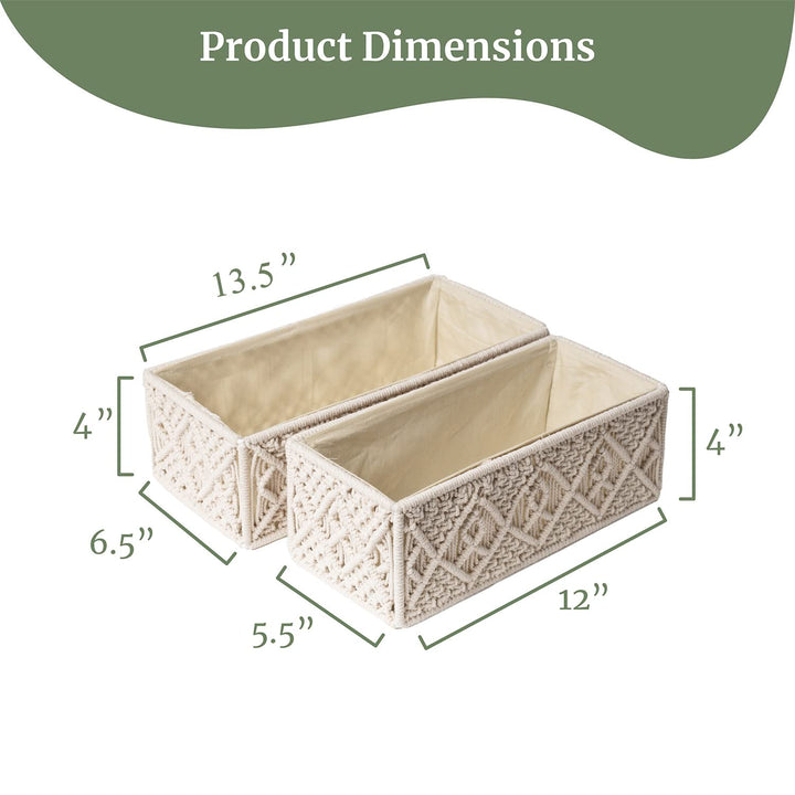 KAAHIRA Set of 2 Luxurious Handwoven Boho Decor Macrame Decorative Storage Basket Tray with Cotton Lining Countertop Cabin Organizer Home, Office and Events (Off-White)