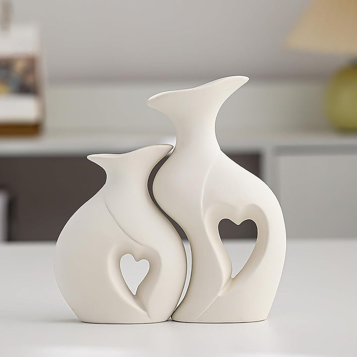 Bsearty Ceramic vase Set of 2, Heart Shaped Hollow Vases for Decor, Ceramic Vases for Home Decor, Modern Farmhouse Decor Accents for Living Room(White Love)