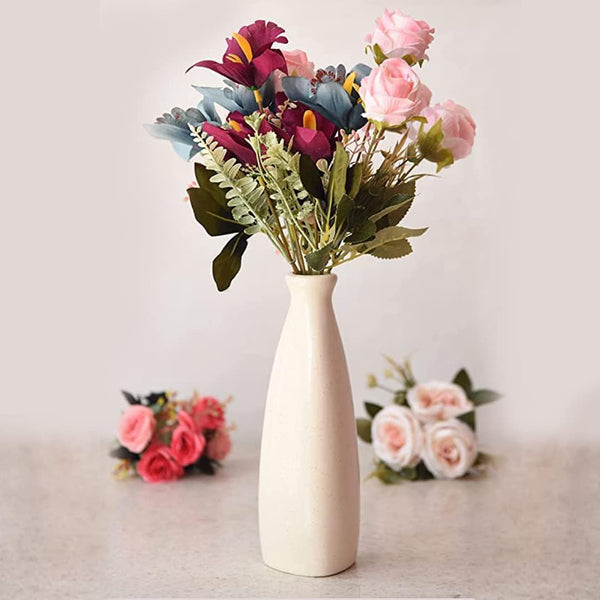 Bliss Hohm Bottle Shape Ceramic Flower Vase (8.5 Inches) for Home Decor and Gifting, Flower Vases for Living Room Decor, Pampas Grass Vase, Decorative Small Bottle Vase (Bottle Off-White)