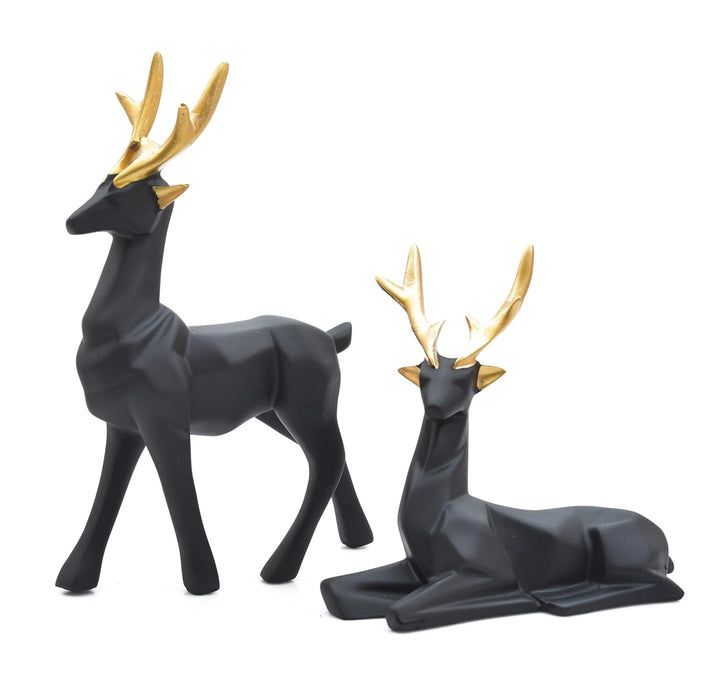 ASMR Craft Handpainted Export Quality Casted Resin 8 Inches Black Deer Showpiece for Home Decoration II Hiran Tabletop Statue - Set of 2