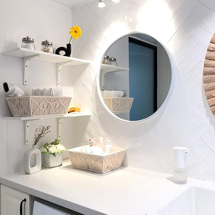 KAAHIRA Set of 2 Boho Decor Macrame Storage Baskets Tray with Wooden Handle and Cotton Lining Countertop Cabin Organizer Home, Office and Events