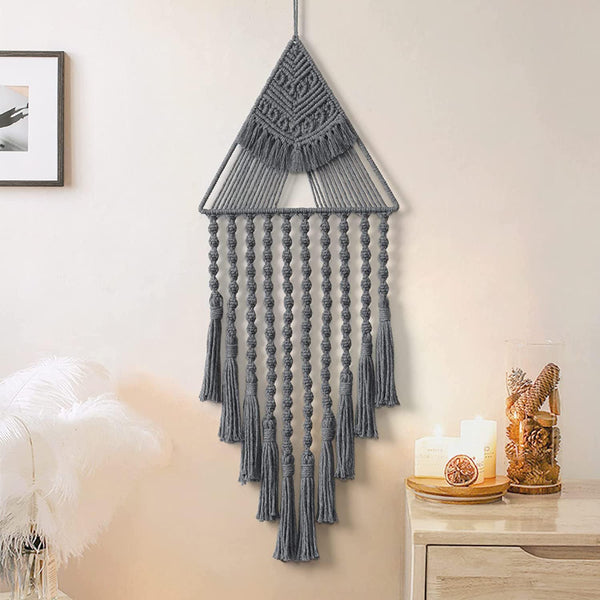 Handmade Macrame Dream Catcher – Boho Triangle Wall Hanging | Bohemian Wall Art Home Decor | Grey