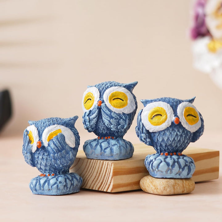 eCraftIndia Set of 3 Blue Polyresin Cute Owl Statues Bird Figurines - Decorative Showpieces for Home, Office, Study Desks - Ideal Gift for Bird Enthusiasts, Nature Lovers
