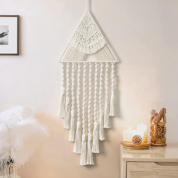 Handmade Macrame Dream Catcher – Boho Triangle Wall Hanging | Bohemian Wall Art Home Decor | Off White