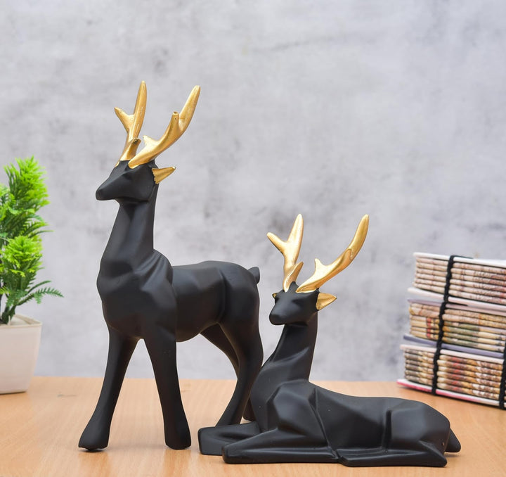 ASMR Craft Handpainted Export Quality Casted Resin 8 Inches Black Deer Showpiece for Home Decoration II Hiran Tabletop Statue - Set of 2
