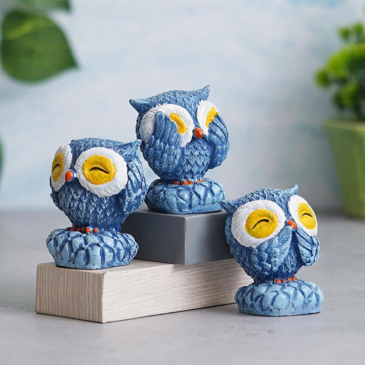 eCraftIndia Set of 3 Blue Polyresin Cute Owl Statues Bird Figurines - Decorative Showpieces for Home, Office, Study Desks - Ideal Gift for Bird Enthusiasts, Nature Lovers