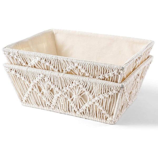 KAAHIRA Set of 2 Boho Decor Macrame Storage Baskets Tray with Wooden Handle and Cotton Lining Countertop Cabin Organizer Home, Office and Events
