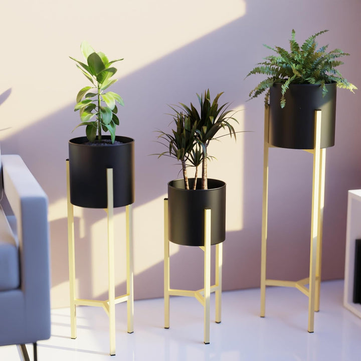 WonderStand HELIOS Plant Stand for Living Room | Metal Planters for Indoor Living | Planter Pots included (Set of 3 Flower Pots, Black)