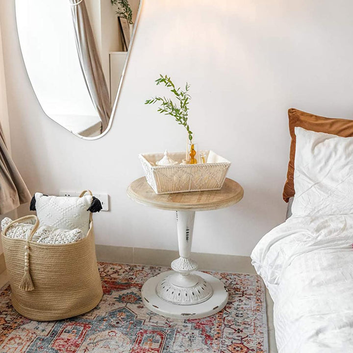 KAAHIRA Set of 2 Boho Decor Macrame Storage Baskets Tray with Wooden Handle and Cotton Lining Countertop Cabin Organizer Home, Office and Events