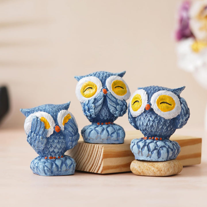 eCraftIndia Set of 3 Blue Polyresin Cute Owl Statues Bird Figurines - Decorative Showpieces for Home, Office, Study Desks - Ideal Gift for Bird Enthusiasts, Nature Lovers