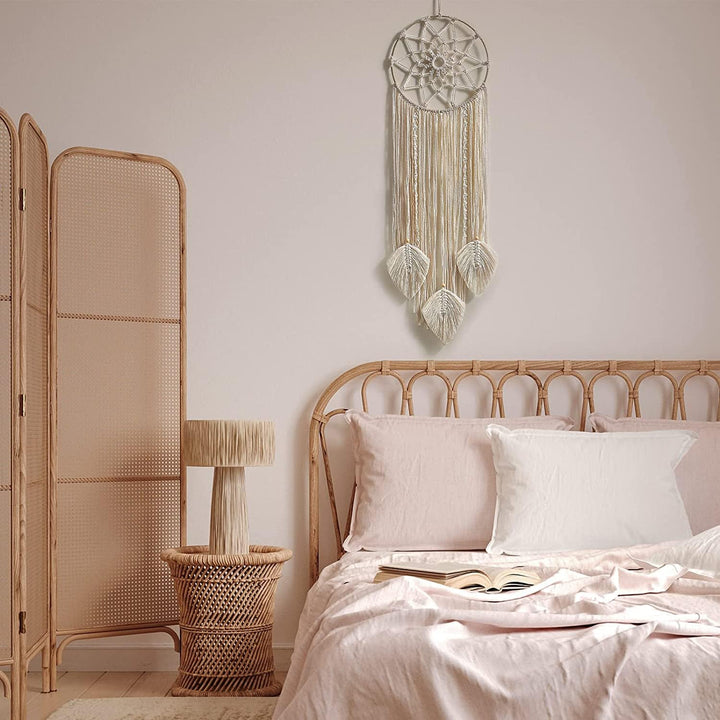 KAAHIRA Boho Wall Decor Art Macrame Dream Catcher with Leafs for Gifting - Unique & Sustainable (Off-White)