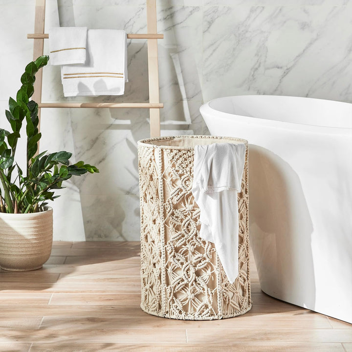 KAAHIRA Boho Decor Macrame Decorative Storage & Laundry Basket with Cotton Lining - Off White