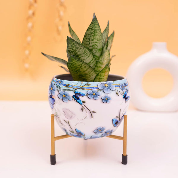 Dreamy White & Blue Floral Metal Pot with Stand