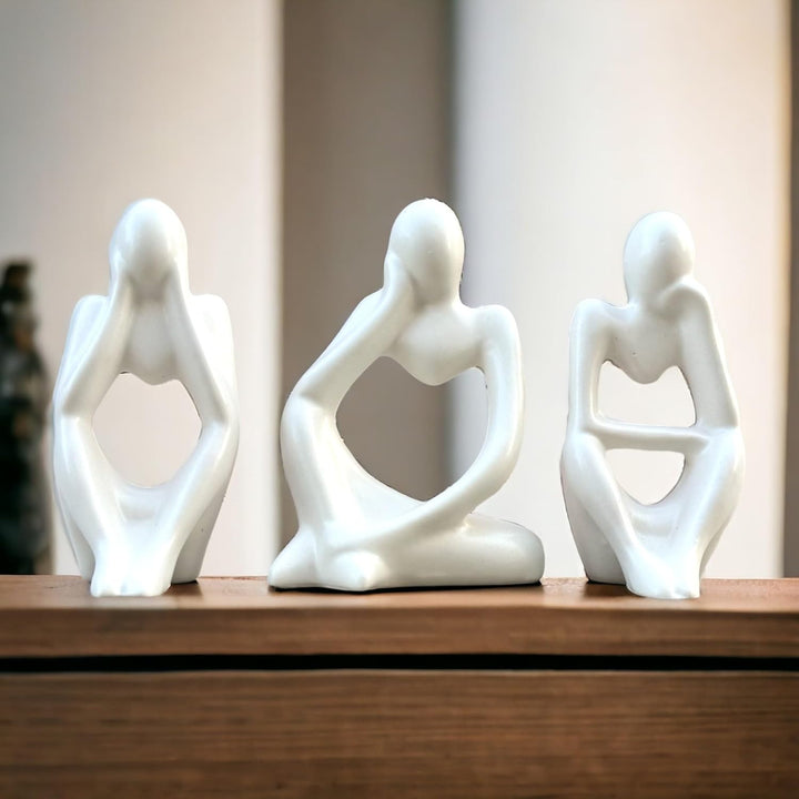 URBAN SENSE ceramic Thinker Men Statue Set of 3 Modern Art Showpiece Sculpture Decoration Items for Home Decor Living Room Bedroom Bookshelf Table Office (White Matte Thinker)