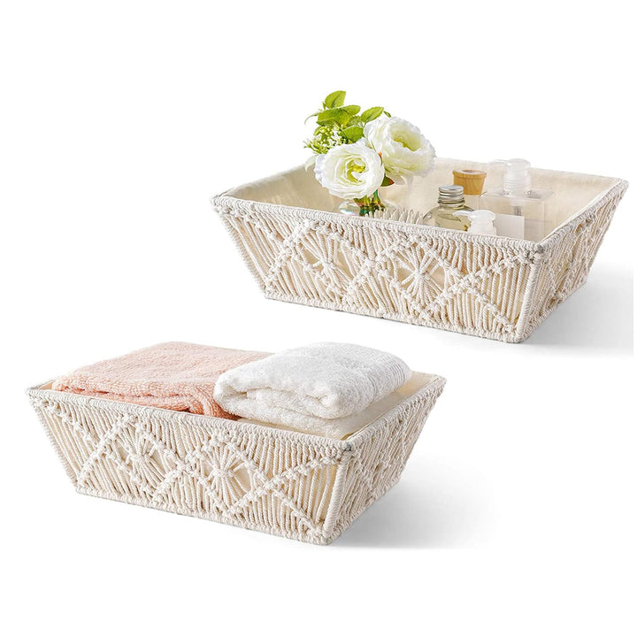 KAAHIRA Set of 2 Boho Decor Macrame Storage Baskets Tray with Wooden Handle and Cotton Lining Countertop Cabin Organizer Home, Office and Events
