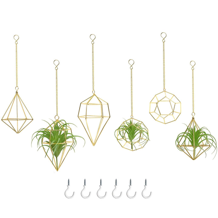 libproqia Gold Hanging Air Plants Holders Small Tillandsia Airplants Hangers 6 Pack Geometric Wire Himmeli Air Fern Display Planter with Chains Airferns Metal Hanging Holders
