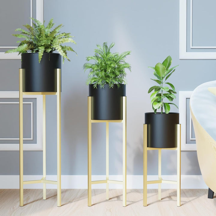 WonderStand HELIOS Plant Stand for Living Room | Metal Planters for Indoor Living | Planter Pots included (Set of 3 Flower Pots, Black)