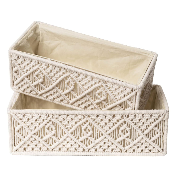 KAAHIRA Set of 2 Luxurious Handwoven Boho Decor Macrame Decorative Storage Basket Tray with Cotton Lining Countertop Cabin Organizer Home, Office and Events (Off-White)