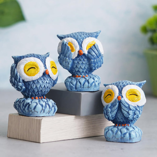 eCraftIndia Set of 3 Blue Polyresin Cute Owl Statues Bird Figurines - Decorative Showpieces for Home, Office, Study Desks - Ideal Gift for Bird Enthusiasts, Nature Lovers