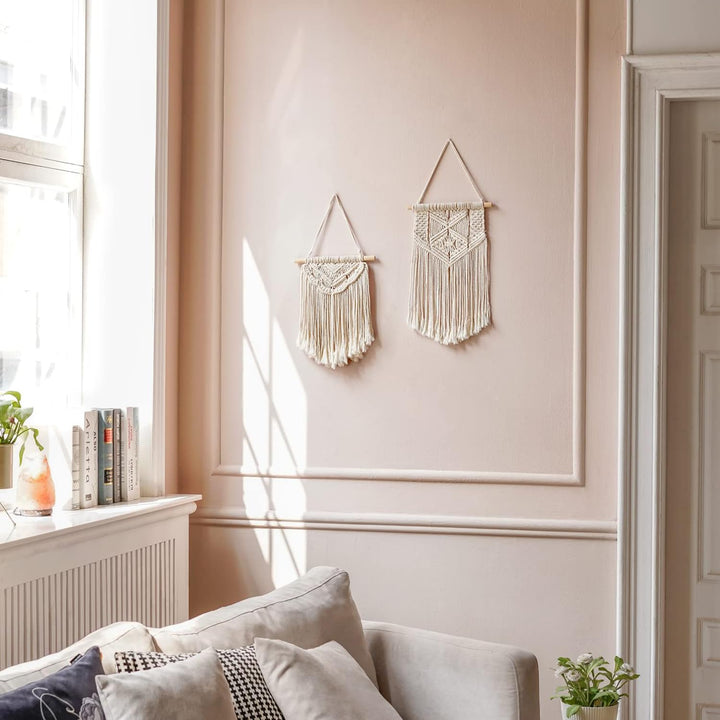 Kaahira 2 Pcs Macrame Wall Hanging Boho Wall Decor Home Chic Decoration Wall Pediments for Bedroom Living Room Office, Girls Gift, Small Size 13" L x 10" W and 16" L x 10" W
