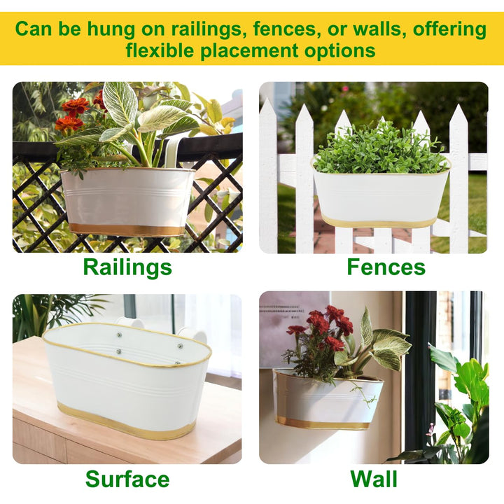 ecofynd 12 Inches Aurelia Railing Planters for Balcony, Hanging Pots for Plants, Wall Hanging Decorative Planters for Vertical Garden, Oval,12 inches, Pack of 1 (White)