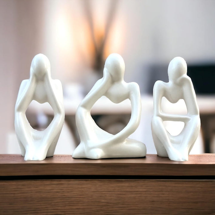 URBAN SENSE ceramic Thinker Men Statue Set of 3 Modern Art Showpiece Sculpture Decoration Items for Home Decor Living Room Bedroom Bookshelf Table Office (White Matte Thinker)