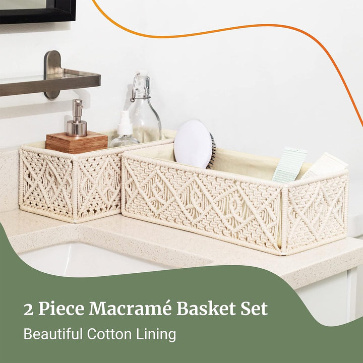 KAAHIRA Set of 2 Luxurious Handwoven Boho Decor Macrame Decorative Storage Basket Tray with Cotton Lining Countertop Cabin Organizer Home, Office and Events (Off-White)