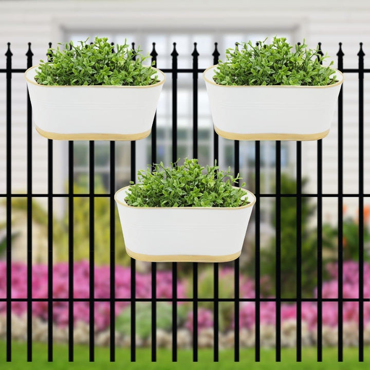 ecofynd 12 Inches Aurelia Railing Planters for Balcony, Hanging Pots for Plants, Wall Hanging Decorative Planters for Vertical Garden, Oval,12 inches, Pack of 1 (White)