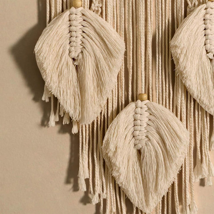 KAAHIRA Boho Wall Decor Art Macrame Dream Catcher with Leafs for Gifting - Unique & Sustainable (Off-White)