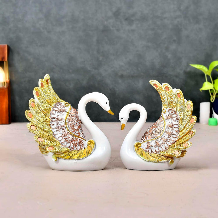 Kingraa Collection Swan Pair Feather Design Sculpture for Home Decor Decorative Showpiece (Set of 2 Pc, Small, White) showpiece