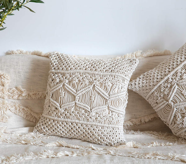 Handmade Cotton Macrame Cushion Pillow Cover Boho Home Decor Abstract Pattern 16 x 16 Inch - 1 Pcs